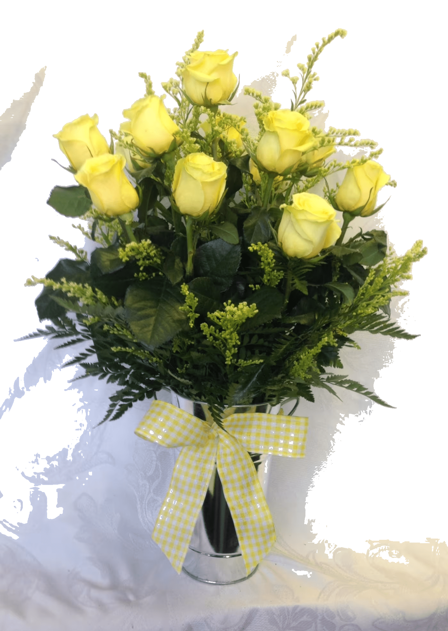 Dozen Yellow Roses Arranged - Beautiful long lasting premium yellow roses arranged in a clear vase with fillers. 12 for $95.00 18 for $135.00 24 for $165.00