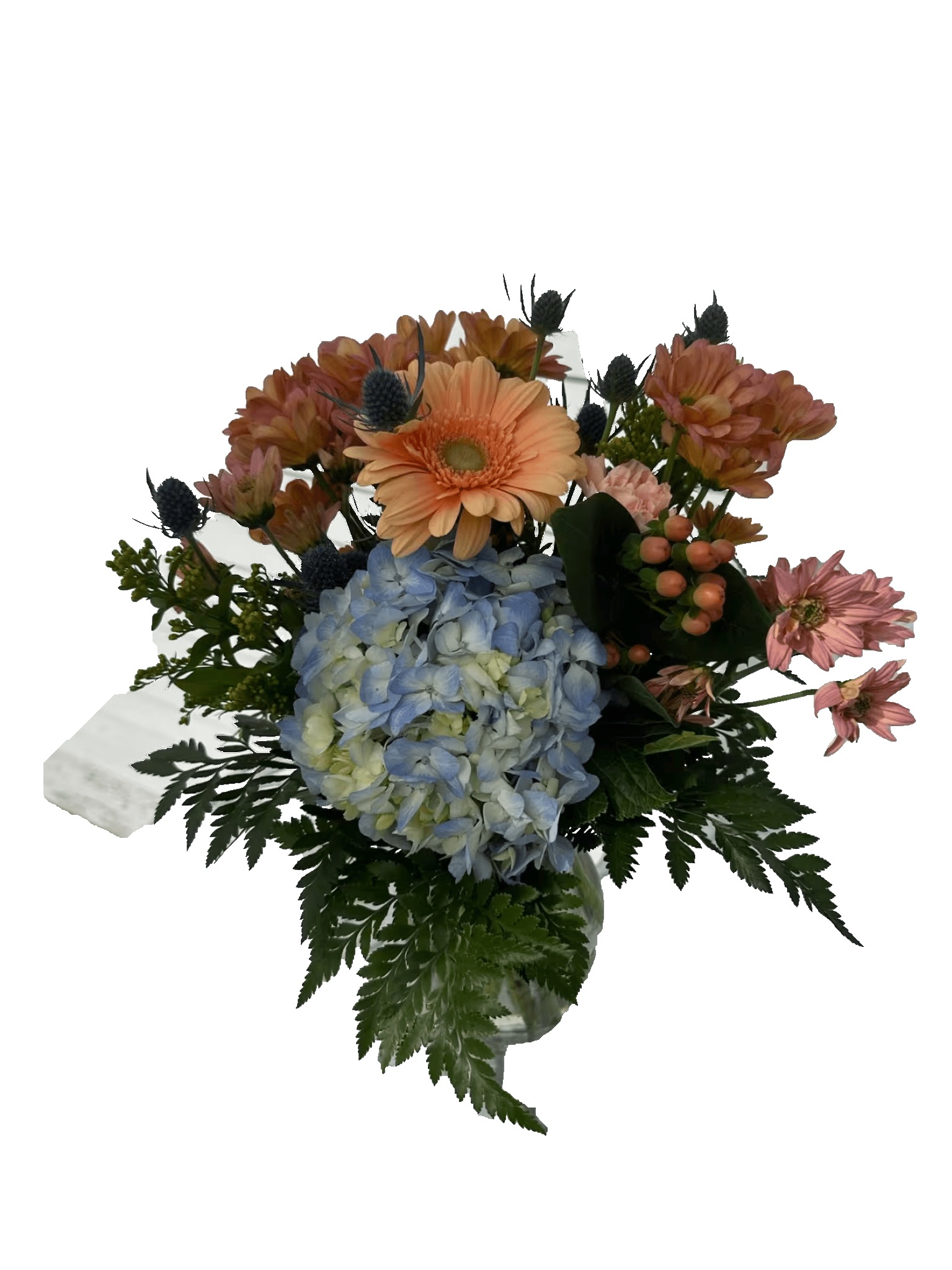 Bouquet with blue hydrangea, peach gerbera daisies, and pink flowers