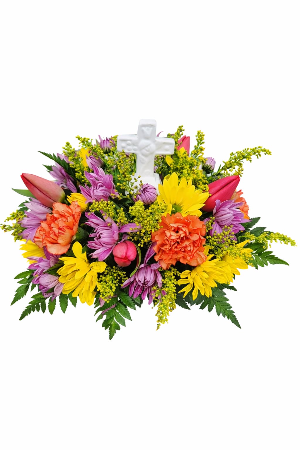 Holy Day Centerpiece - Table centerpiece filled with tulips, daisies, carnations and more with a keepsake ceramic cross