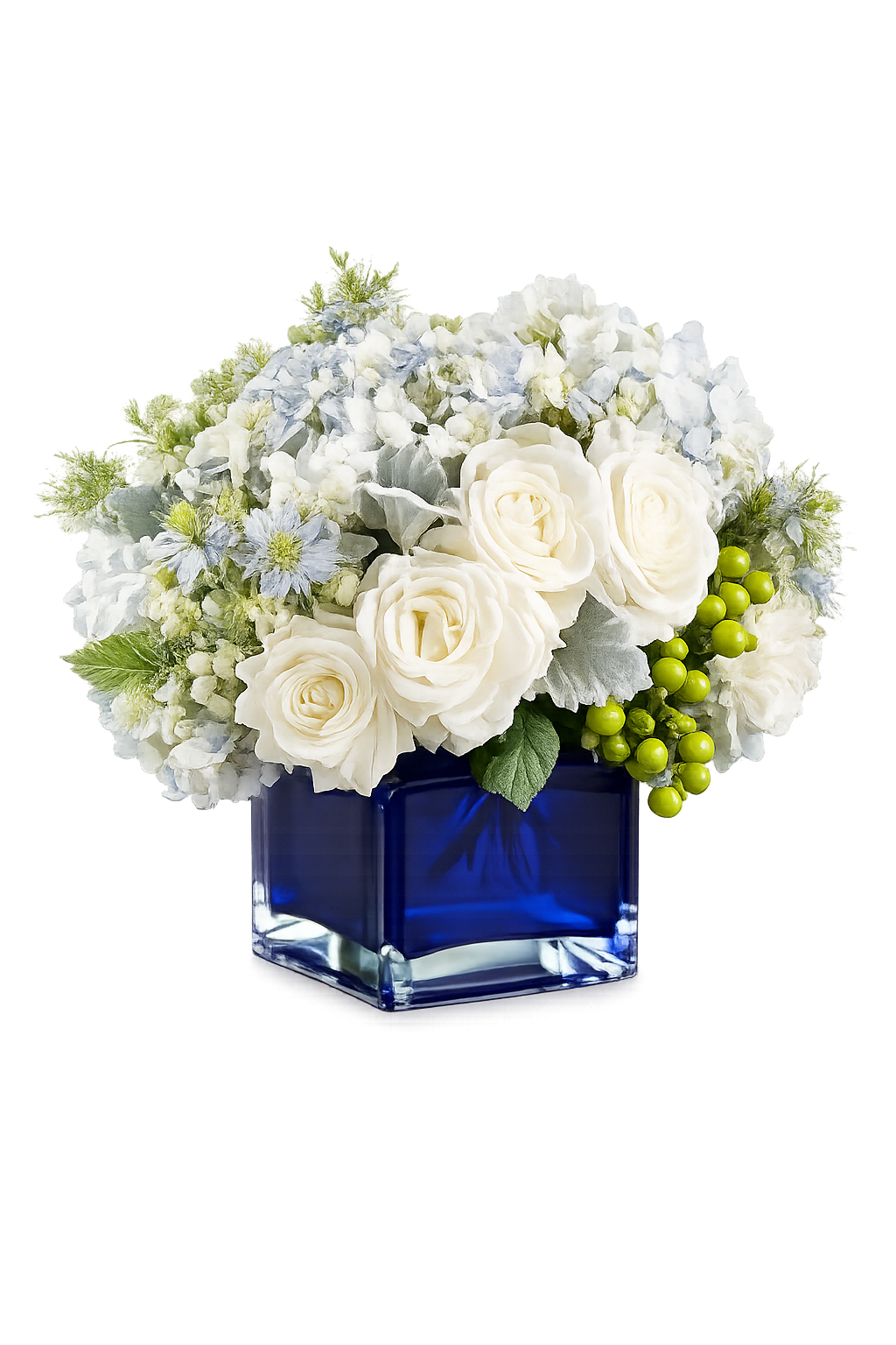 Blue Blooms Cube - Cube centerpiece vase arrangement with beautiful blue hydrangeas, clustered white roses, green hypericum berries and more.