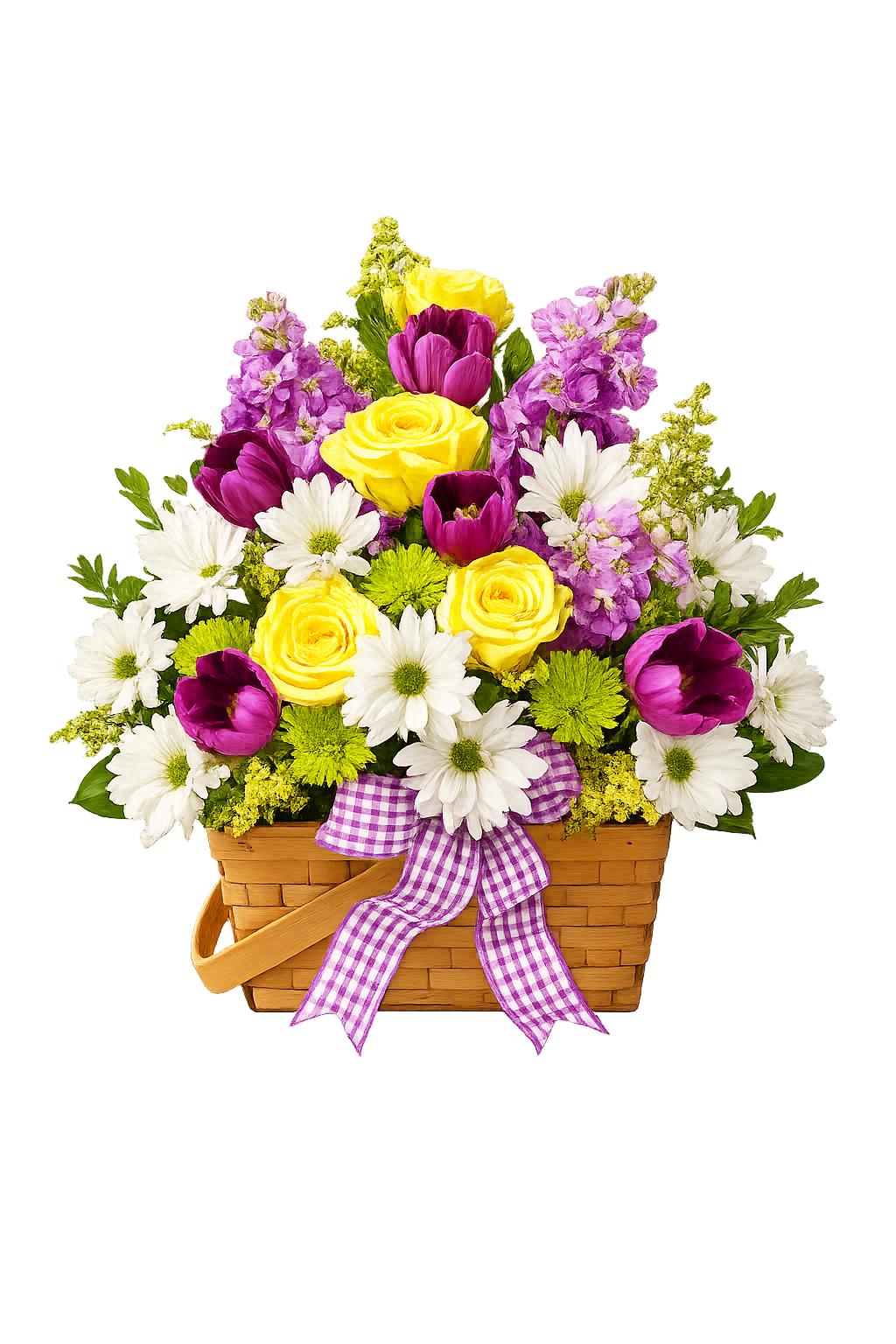Springtime Wishes basket with yellow roses - Pretty basket with yellow roses, fragrant lavender stock, green daisy poms, white daisy poms and filler flowers. Very springy and fresh looking basket. Nice size for table.