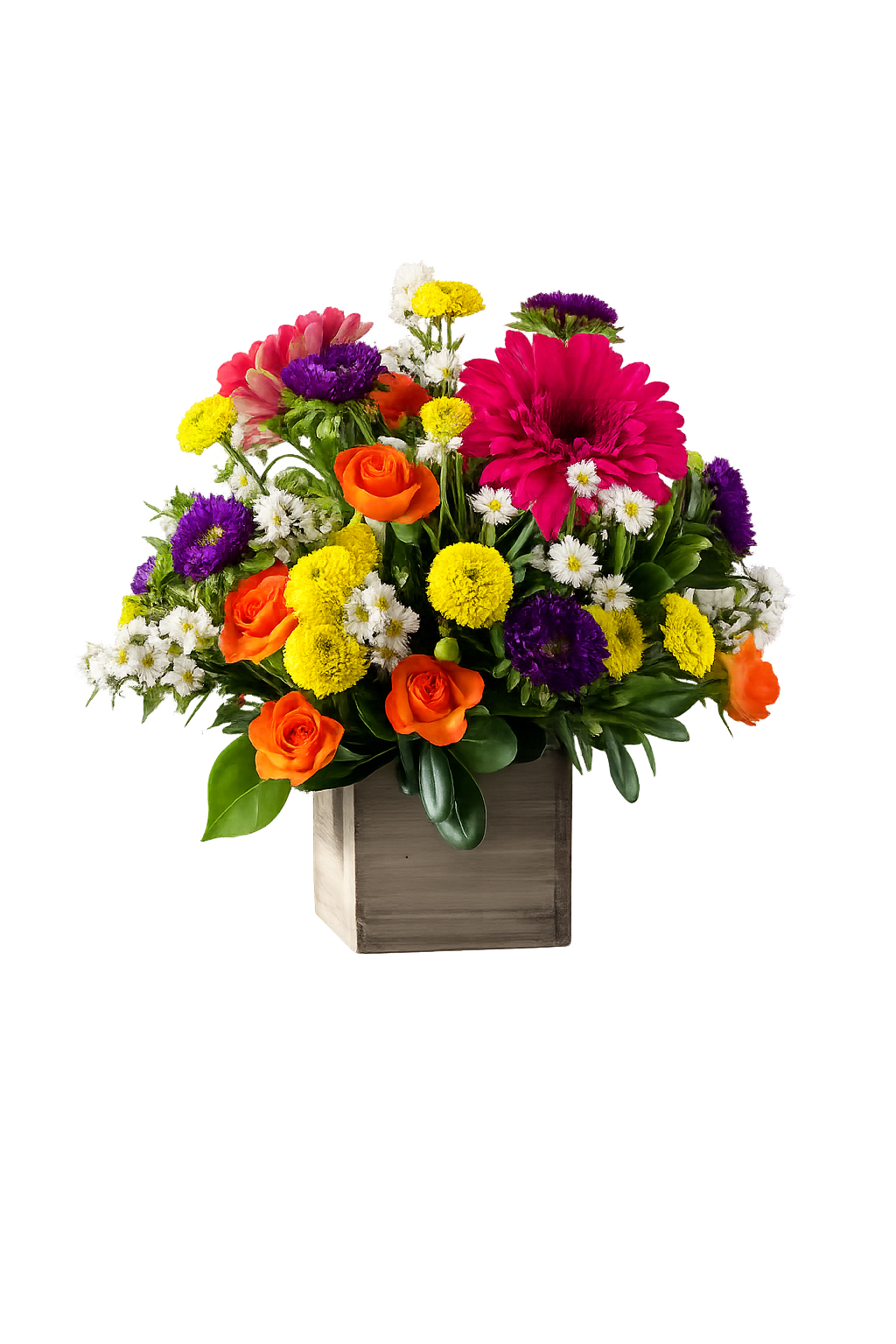 Wooden Garden Box Bouquet - Colorful summer flowers arranged in a rustic wooden box