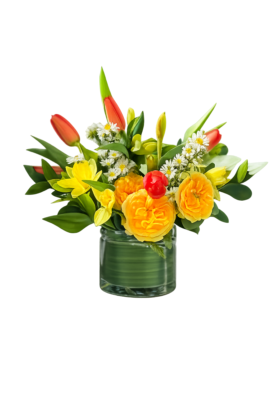 Yellow and orange flowers arranged in a clear glass vase