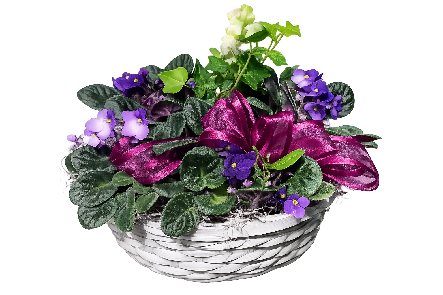 Purple flowers in a white woven basket with a magenta ribbon