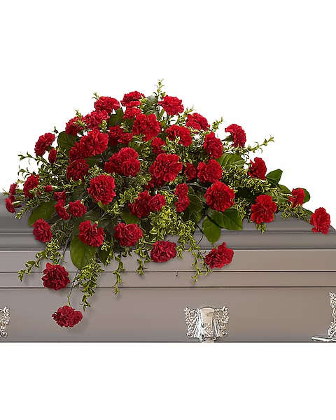 Red carnation arrangement on a gray casket