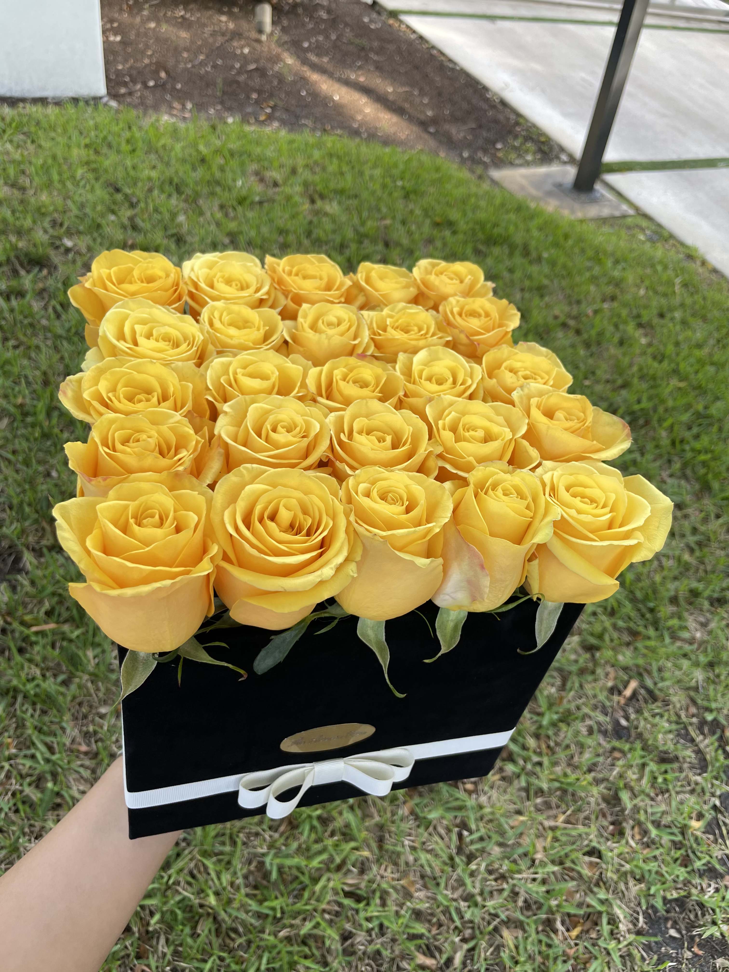 Square Box - Bright yellow roses tightly packed in a black box with a white ribbon-cheerful, modern, and polished. Perfect for birthdays, congrats, or a sunny just-because gift.