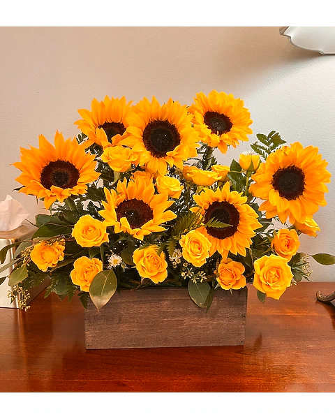 Sunflower and yellow rose arrangement in a rectangular wooden box