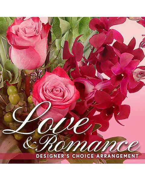 Pink roses and magenta orchids with the words Love &amp; Romance
