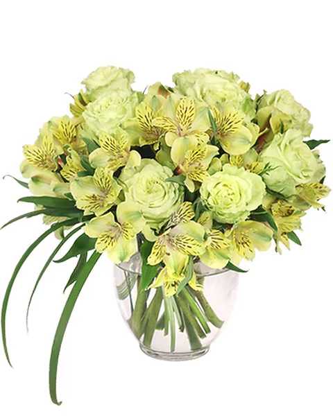 Yellow-green bouquet of roses and alstroemeria in a clear glass vase
