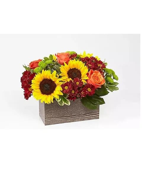 Sunflowers and orange roses in a rectangular wooden box