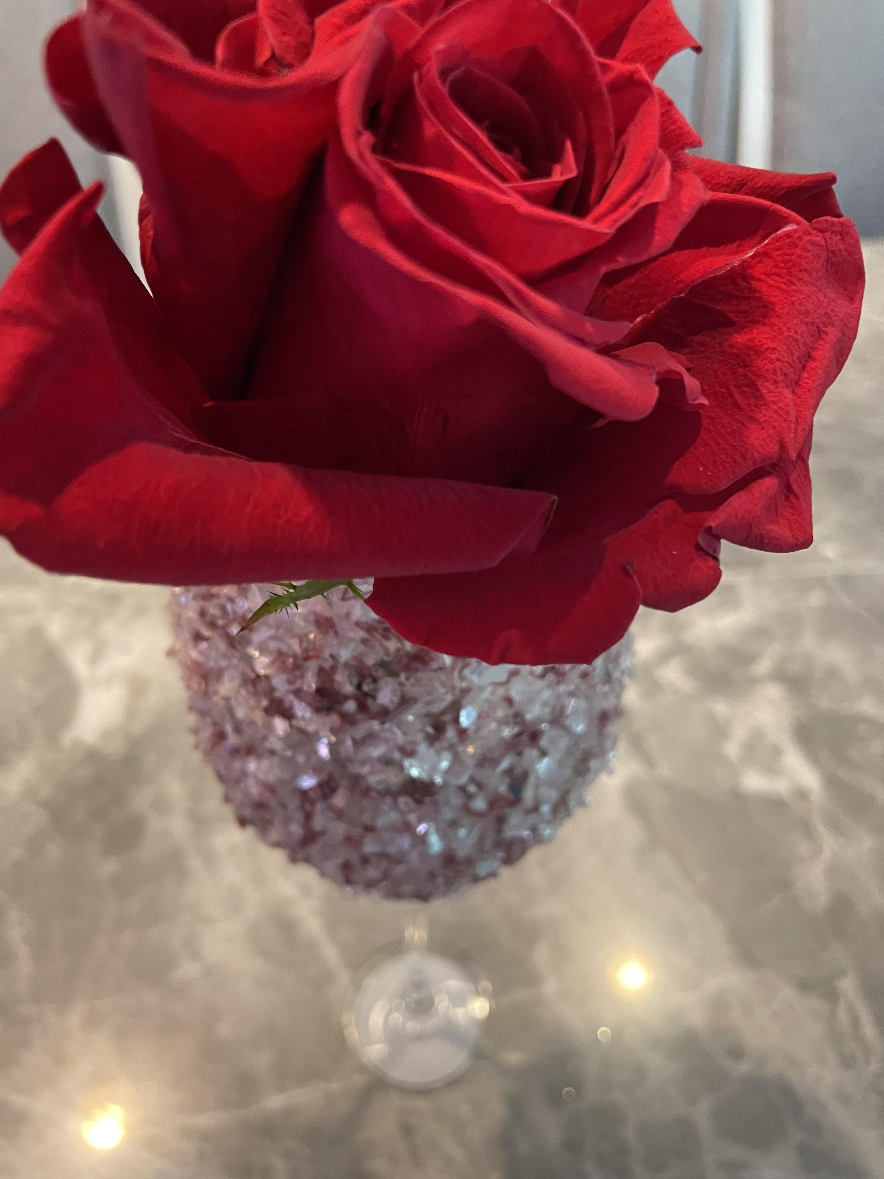 Single red rose in a glittery stemmed vase