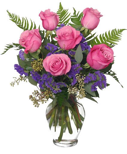 Half Dozen Pink Roses - Sparks will fly when they see this bouquet! The delicate pink roses pair beautifully with purple statice, giving this arrangement an extra bit of beauty. Take standard roses to the next level with the Half Dozen Pink Roses bouquet! They're the perfect way to show how much you care. Remember, some flowers or containers may be substituted depending on current availability.  Includes Classic Urn Vase Foliage: Fern Fronds Seeded Eucalyptus Pink Roses Purple Statice.