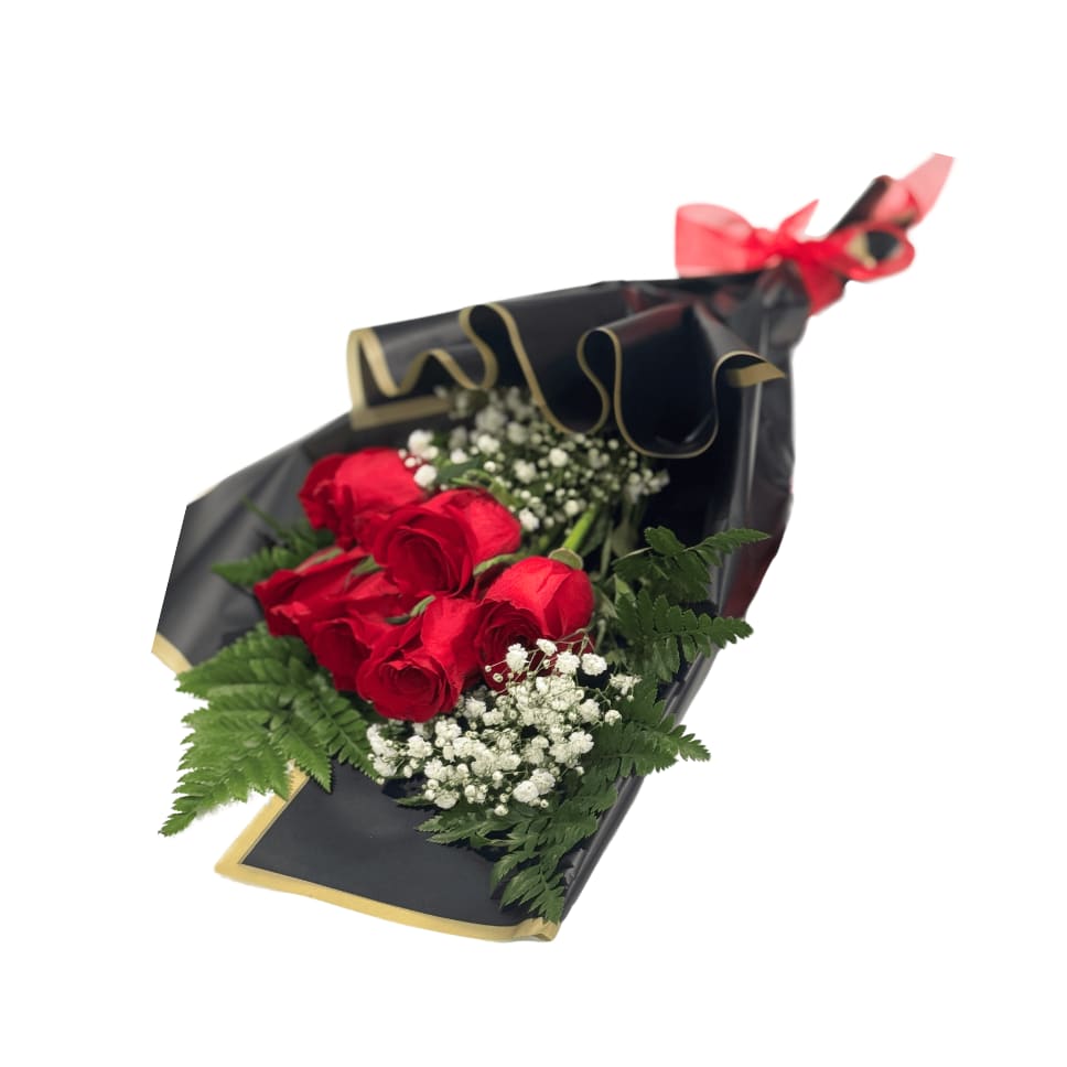 Bouquet of red roses with white baby's breath in black wrap