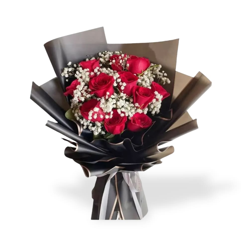 Bouquet of red roses with white baby's breath in black and brown wrap