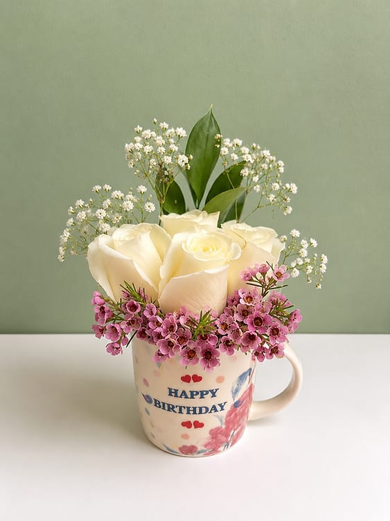 Birthday Cup Arrangement - A simple birthday arrangement of creamy white roses with soft pink filler and baby’s breath, arranged in a cheerful ceramic mug printed with ‘Happy Birthday.’ Casual and elegant, it’s perfect for a desk, bedside table, or kitchen counter and arrives ready to display