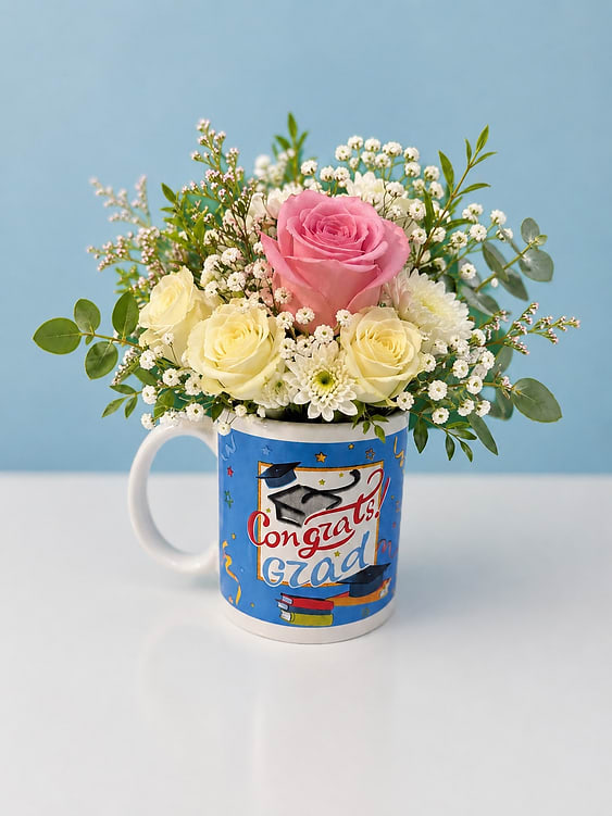 Graduation Cup Arrangement - Celebrate their achievement with a cheerful floral arrangement in a keepsake reusable graduation mug. Designed with fresh seasonal blooms.  Please note: Flower colors and varieties may vary slightly based on seasonal availability. Any substitutions will be made with fresh flowers of equal or greater value while maintaining the overall style and beauty of the arrangement.  