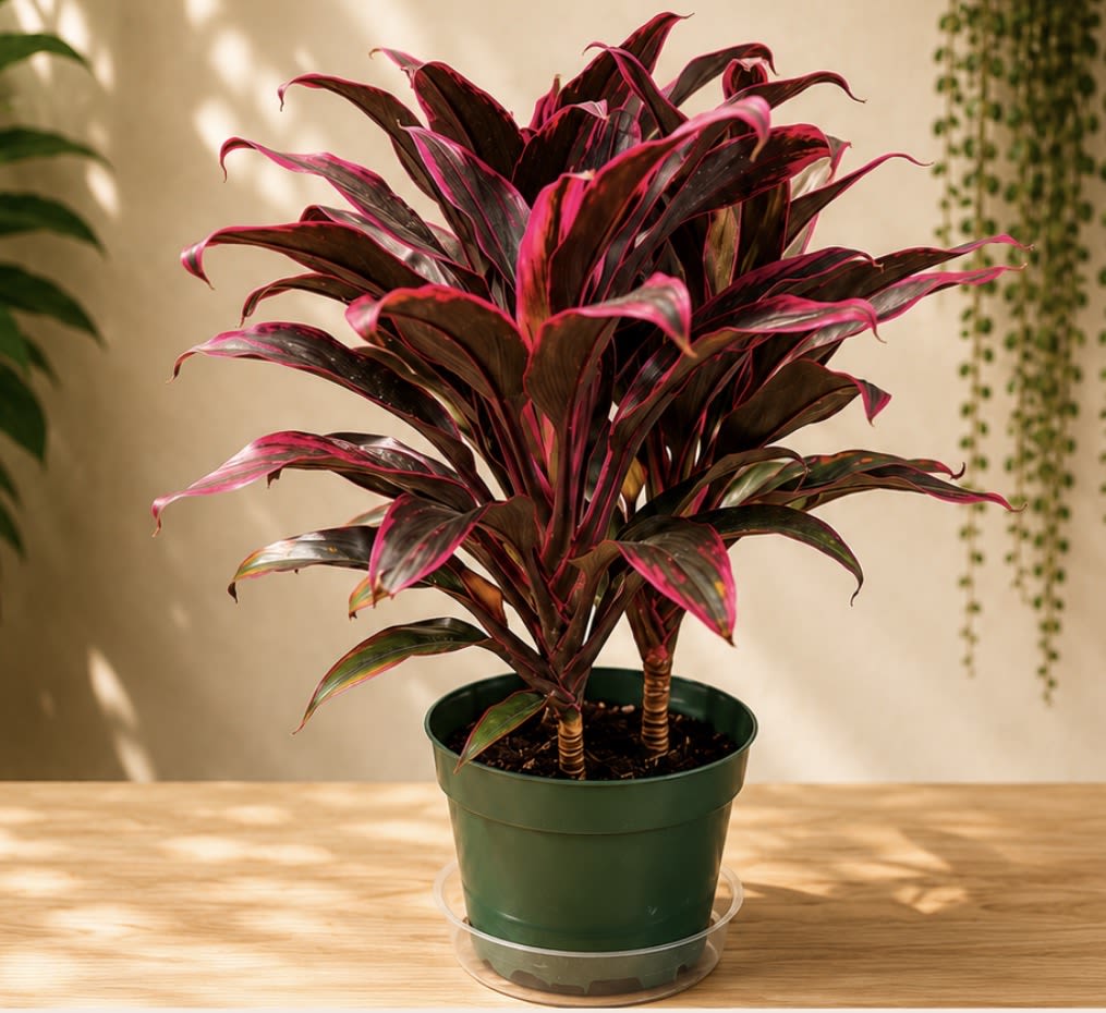 Ti Plant (Hawaiian) - Bring vibrant tropical color to your home with the Red Ti Plant. Its bold shades of burgundy, crimson, and deep pink make it a stunning focal point in any room. This easy-care plant thrives in bright, indirect light and adds warmth and elegance to homes, offices, and indoor spaces. With proper care, its colorful foliage provides year-round beauty. 