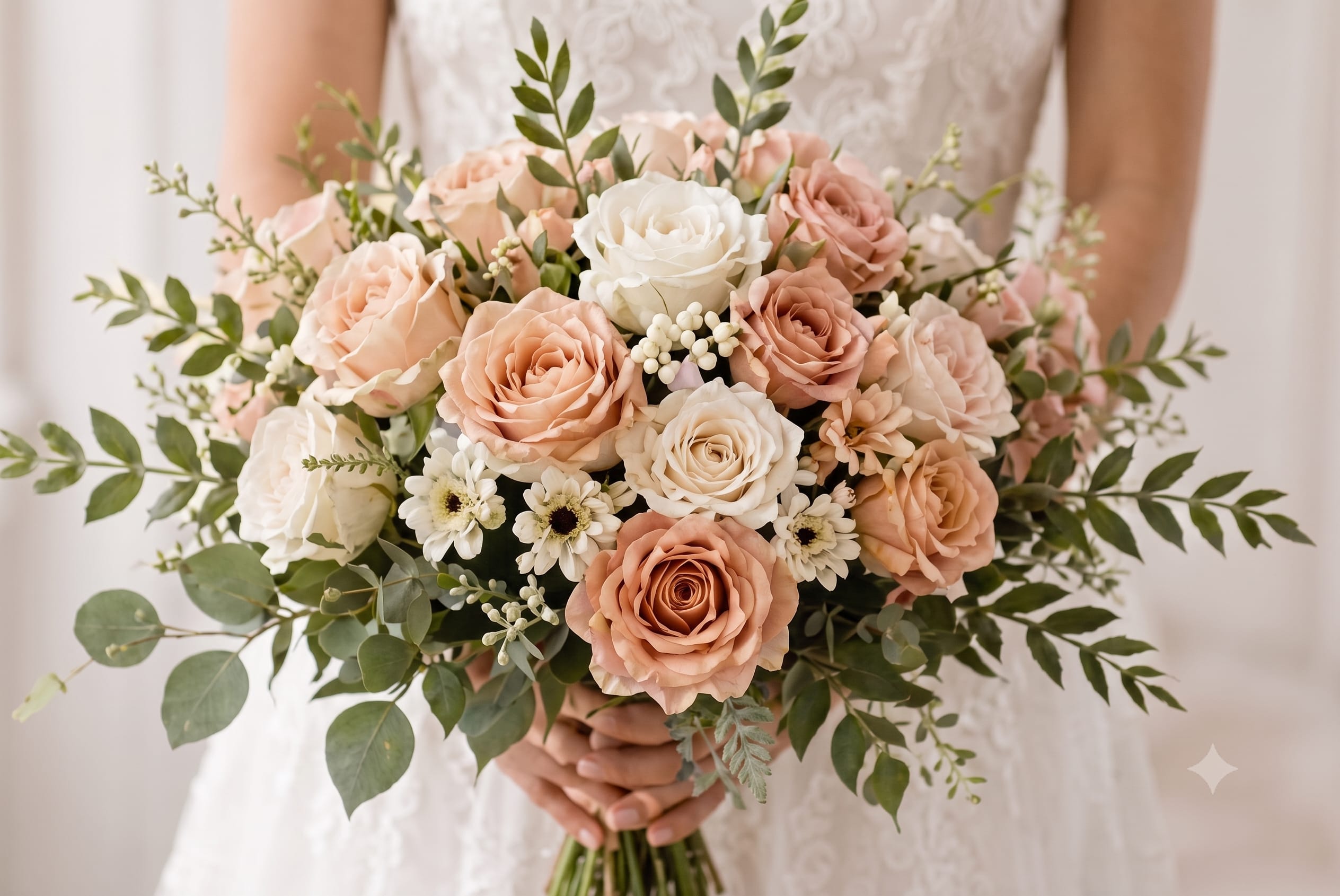 Peach Romance Bridal Bouquet - A romantic hand-tied bouquet featuring soft peach, blush, and ivory roses accented with delicate white blooms and fresh greenery. Its full, garden-style design is perfect for weddings, bridal showers, anniversaries, and elegant celebrations.  Flower varieties may vary based on availability while maintaining the same soft peach-and-blush color palette and overall style.