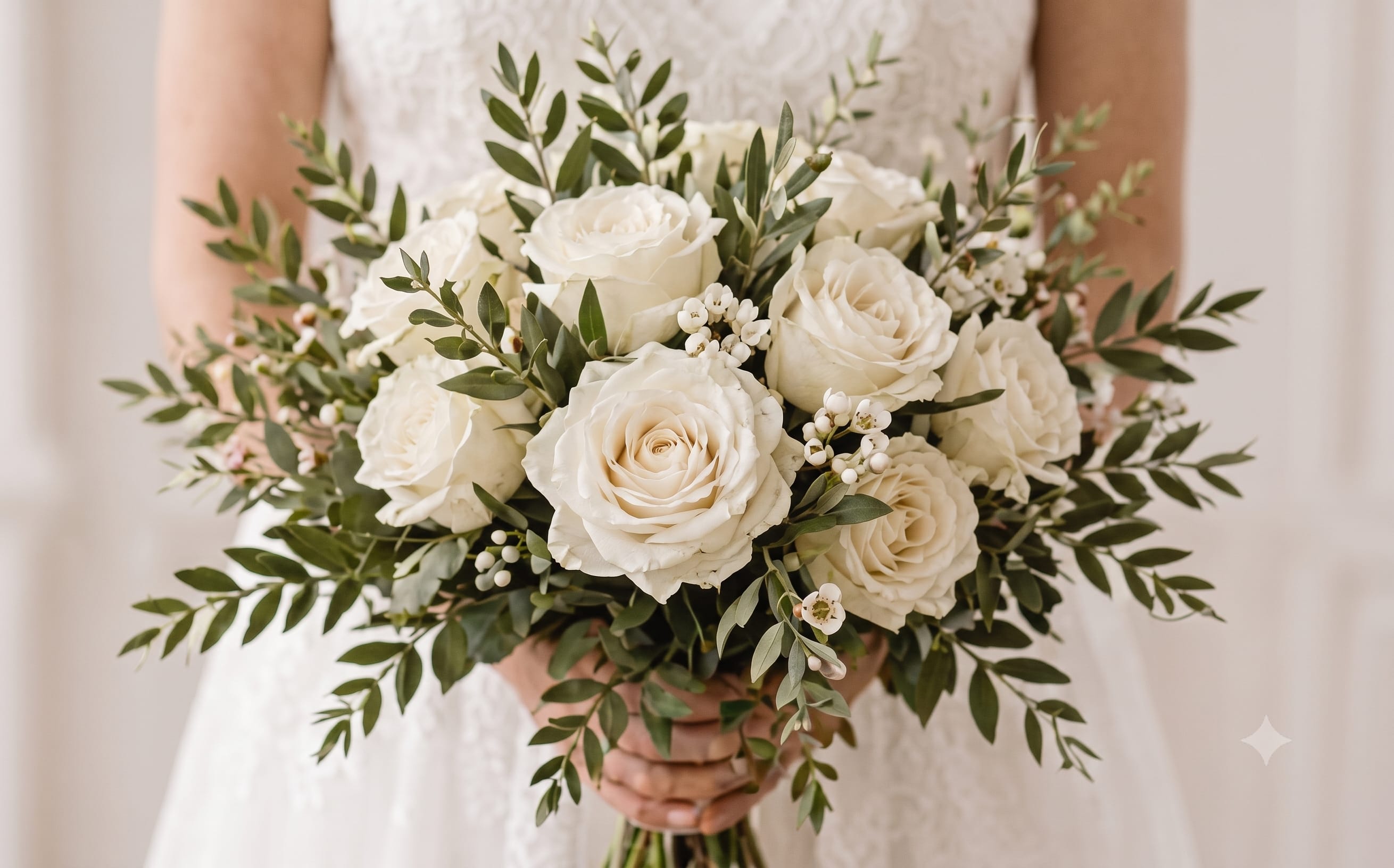 Olive &amp; Ivory Bridal Bouquet - A timeless hand-tied bridal bouquet featuring creamy white roses, delicate white accents, and fresh greenery. Its soft, natural shape creates an elegant and romantic look for weddings, courthouse ceremonies, and intimate celebrations.  Flower varieties may vary based on availability while maintaining the same white-and-green color palette and overall style.