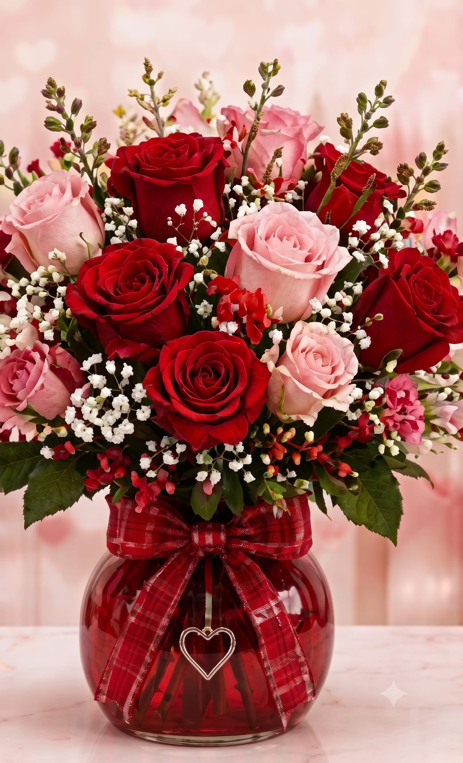 Valentine's Rose Romance - A romantic arrangement of rich red and soft pink roses accented with delicate baby’s breath and fresh greenery. Presented in a decorative vase with a coordinating ribbon, it is perfect for Valentine’s Day, anniversaries, birthdays, or any occasion that calls for a heartfelt expression of love.  Flower colors and decorative details may vary slightly based on availability while maintaining the same romantic style.  