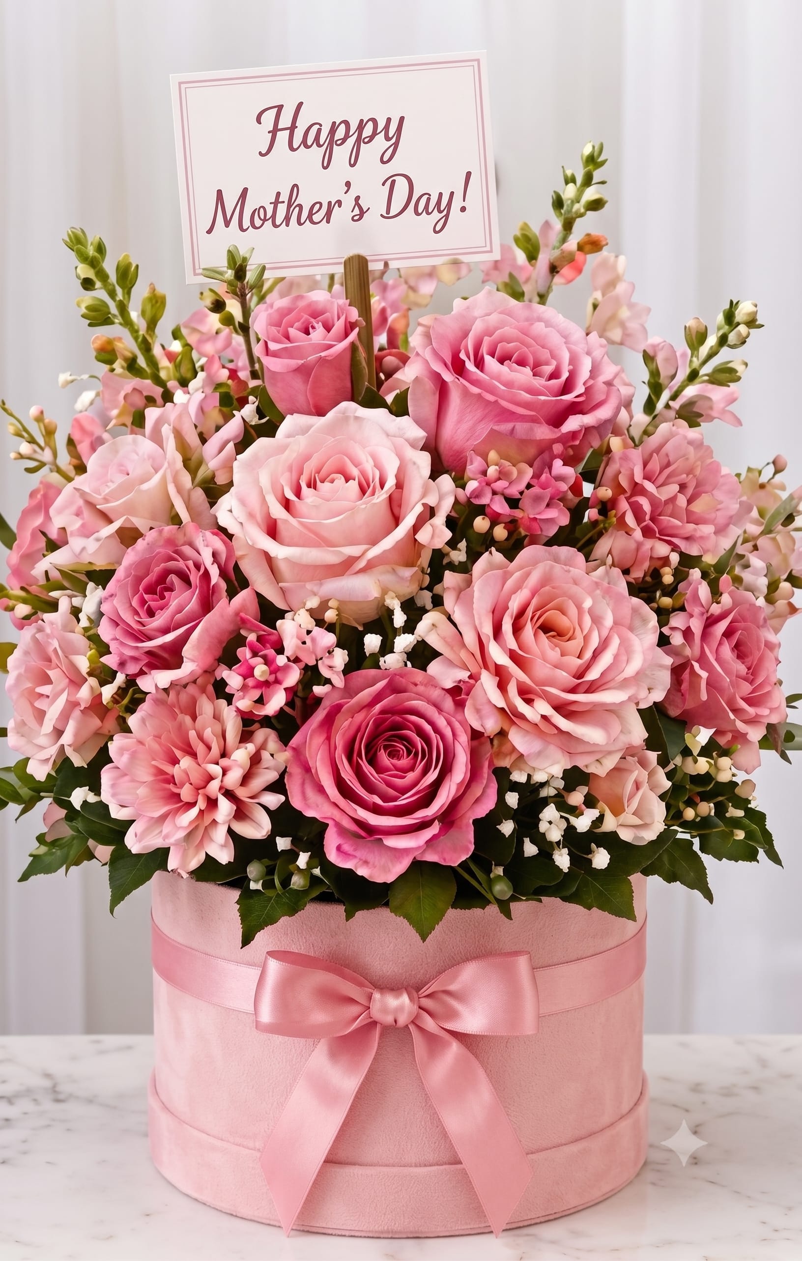 Pink Rose Garden Box - A lush mix of pink roses and coordinating seasonal blooms, beautifully arranged in a decorative flower box. Flower shades and varieties may vary slightly based on availability.  