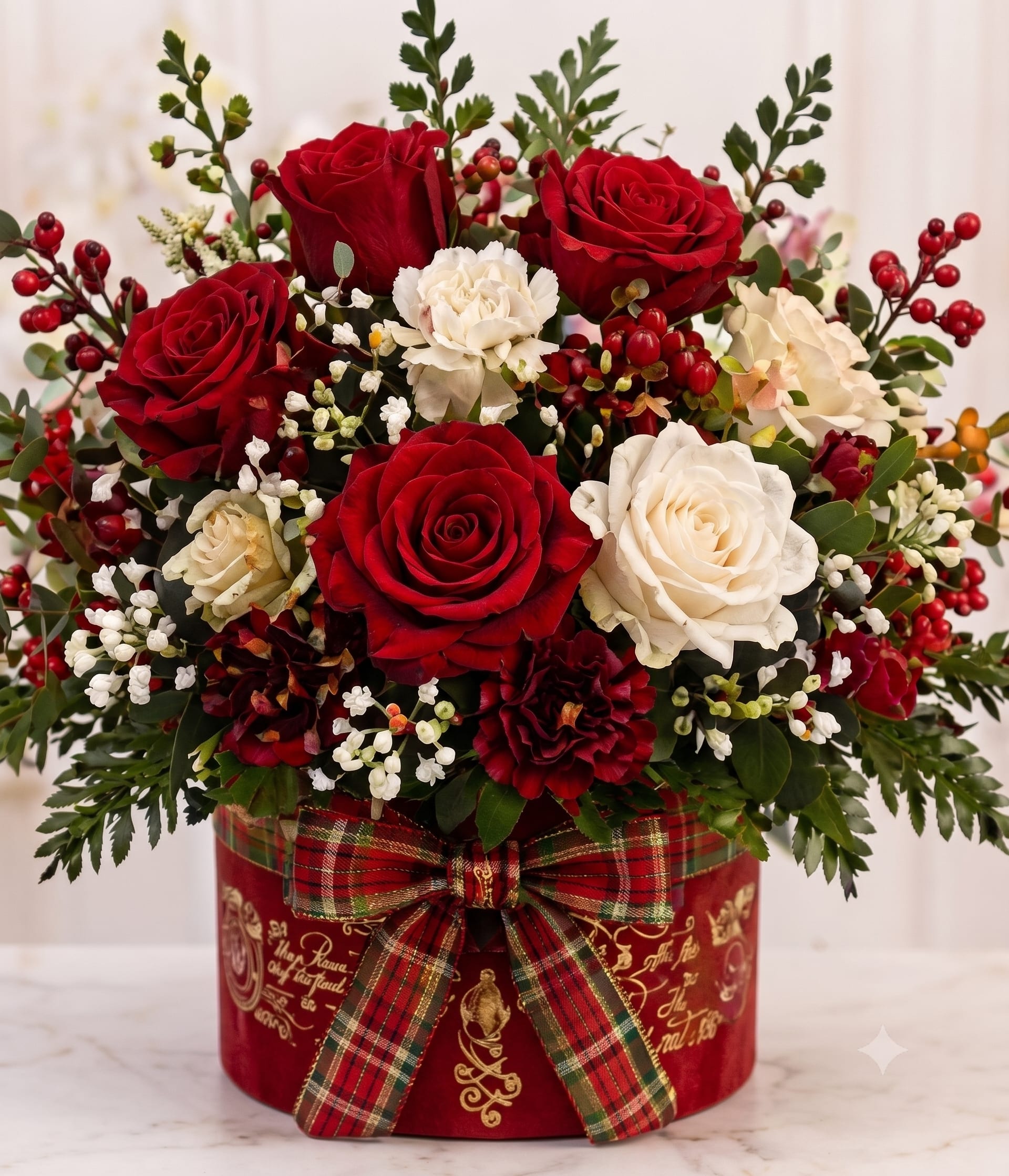 Holiday Rose Glow - A beautiful arrangement of fresh red and white roses with seasonal accent flowers, elegantly arranged in a decorative red keepsake box with a matching ribbon. Perfect for birthdays, anniversaries, holidays, or any special occasion. The design of the box may vary based on availability. Flower varieties may also vary based on seasonal availability while maintaining the overall style and value.