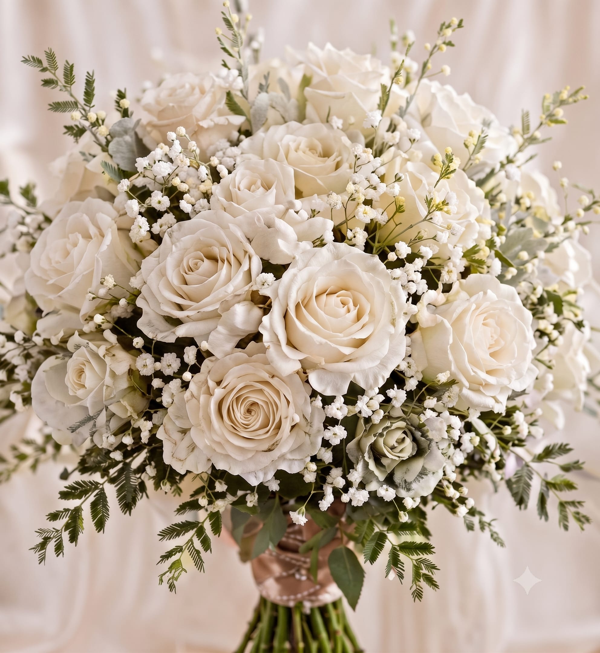 Timeless Elegance - Ivory-white roses gathered into a full, rounded bouquet make an unforgettable wedding bouquet or anniversary gift that reads as quietly luxurious. Timeless Elegance is a flower arrangement for love and romance-whether you're marking a milestone anniversary, surprising someone just because, or celebrating a birthday, the recipient will feel cherished by its soft, sophisticated presence.  Tightly packed blooms form a layered, velvety surface framed by clusters of baby's breath and fine-textured greenery, giving the bouquet an airy, delicate silhouette. The hand-tied presentation keeps the look classic and easy to hold or display; the pale white-and-green palette complements formal bridal whites as naturally as it does a refined mantel or bedside vase.  Perfect for the person you want to make feel truly seen, this arrangement suits weddings, Mother's Day, and intimate romantic moments without feeling overdone. Care is simple: keep stems in fresh water and out of direct sun to preserve the creamy rose petals-available in sizes to suit your gesture, from a graceful hand-tied posy to a more generous presentation.