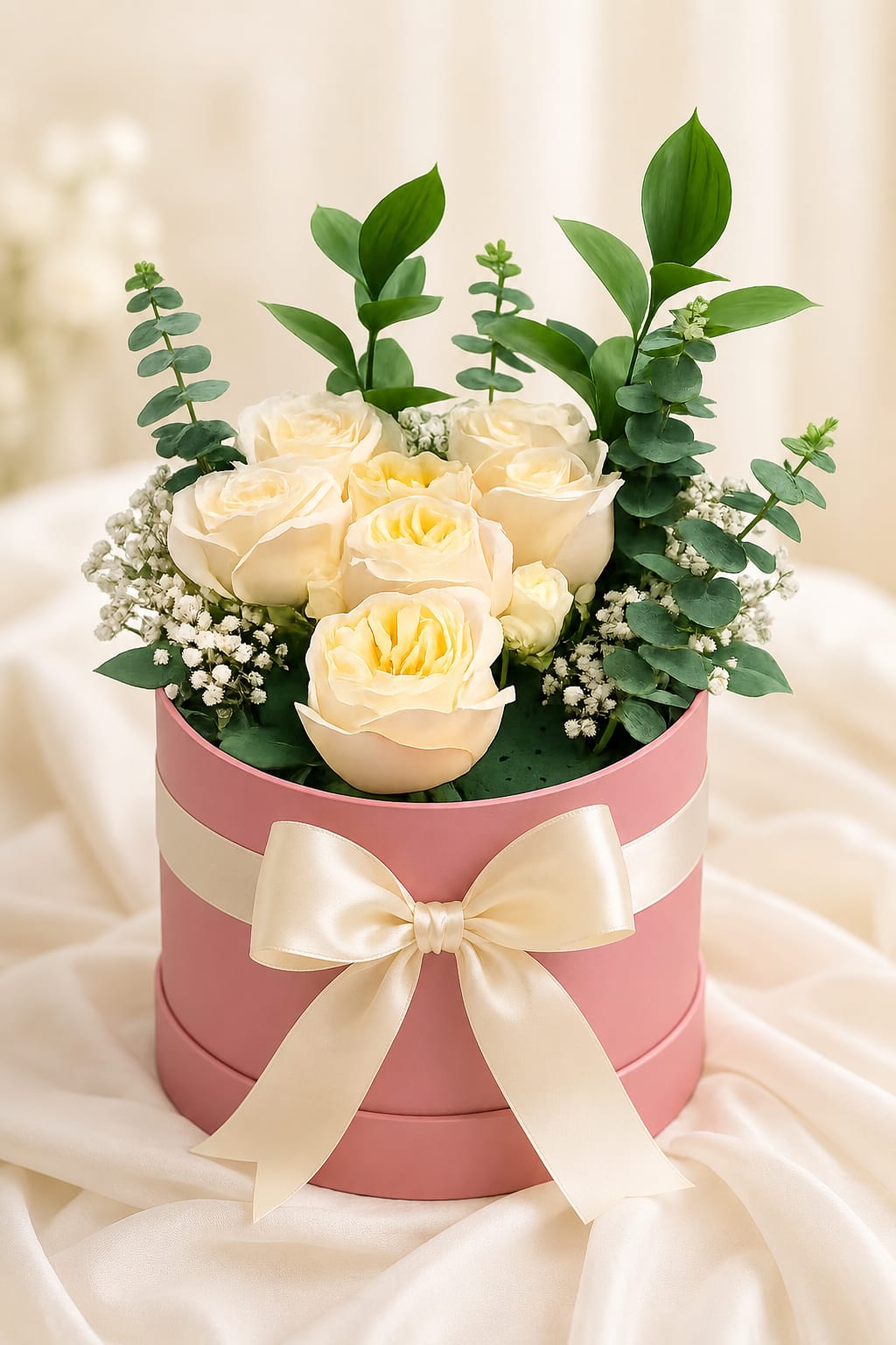 Cream roses in a pink hatbox with a satin bow