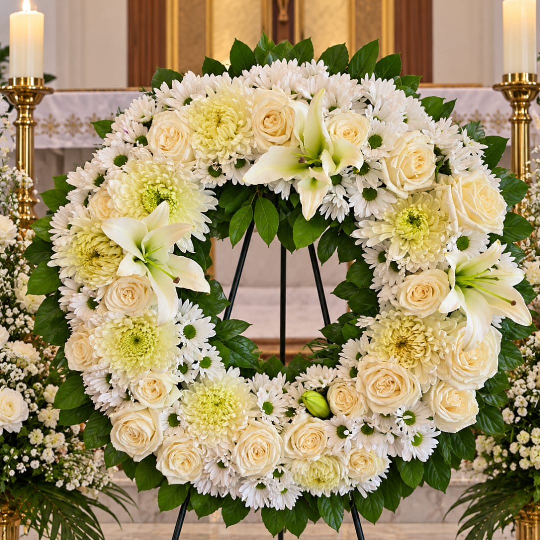 White floral wreath with roses, lilies, and daisies on an easel