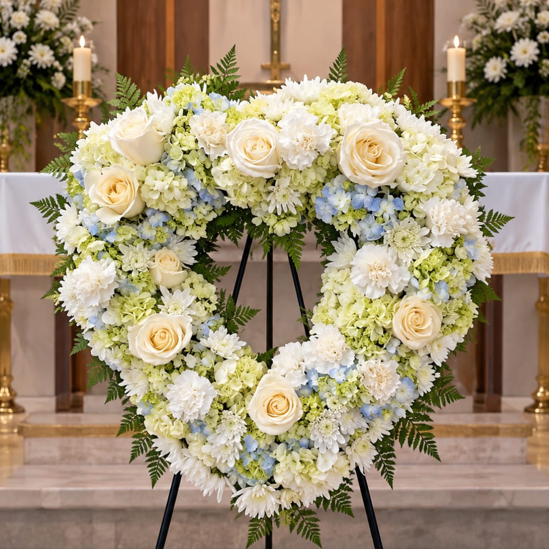 Heart-shaped floral wreath with white and pale yellow flowers on an easel