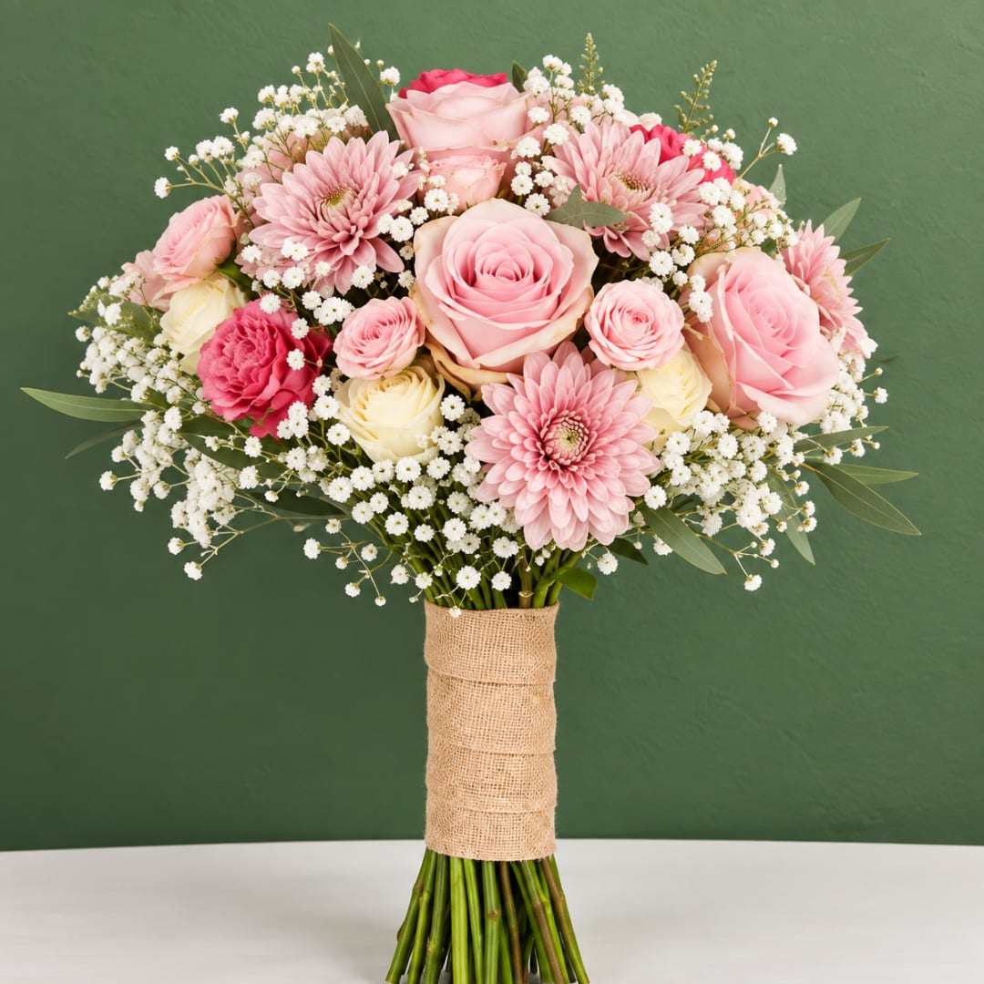 Pink and cream bouquet with roses and daisies wrapped in burlap
