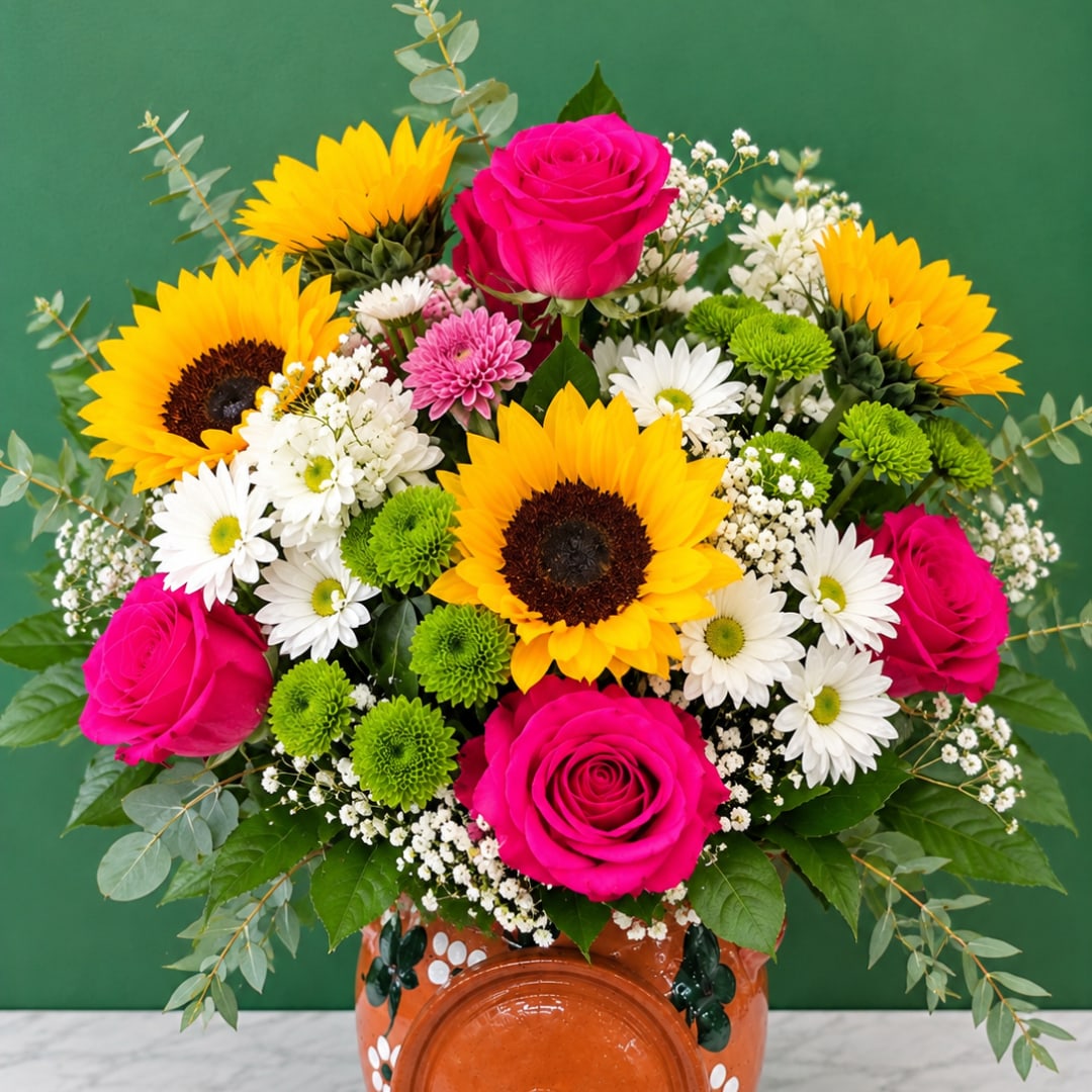 Bouquet of sunflowers, hot pink roses, and white daisies in a ceramic vase