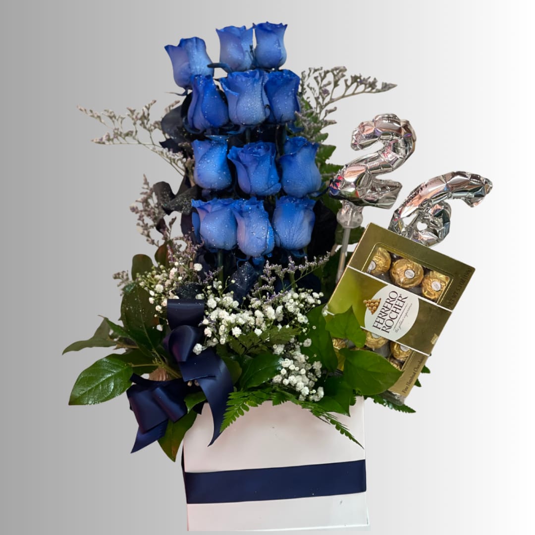 Blue roses in a gift box with Ferrero Rocher chocolates and silver number balloons.