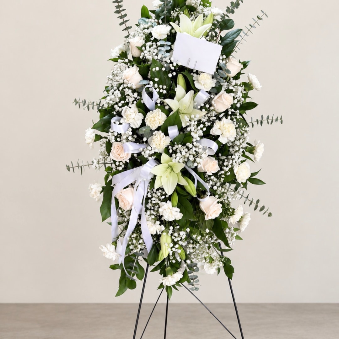 Tall white floral standing spray on an easel with ribbon accents