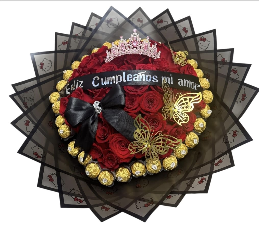 Sweet Expressión Bouquet  - It combines the idea of ​​a "sweet" and "expressive" gift with the opulence of the bouchon bouquet. It consists of a combination of 50 roses and more than 30 Ferrero chocolates; the color of the roses can be changed if desired, and the ribbon can also be personalized.