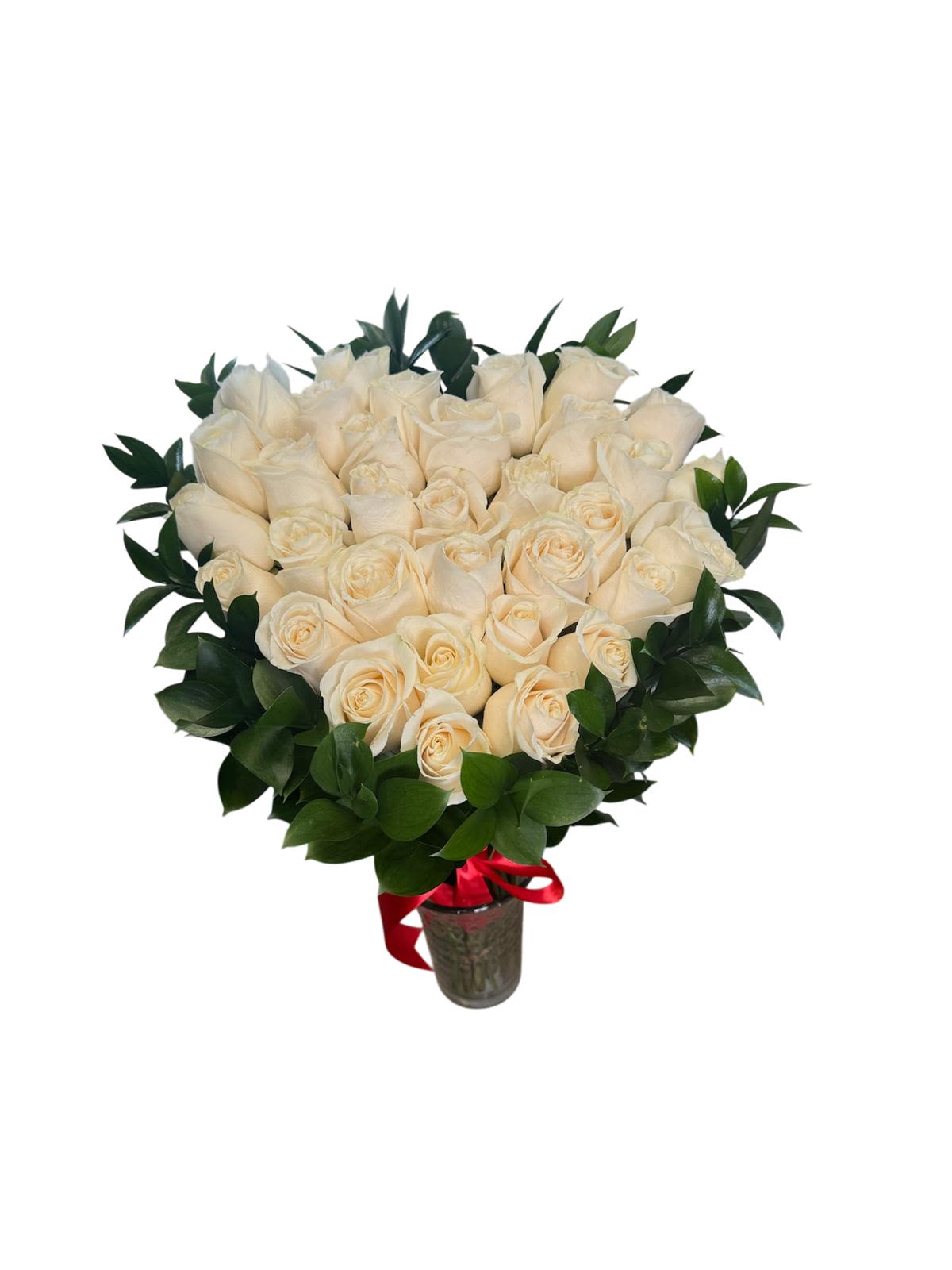 Ivory Heart Roses  -   33 premium ivory roses arranged in a stunning heart shape, creating an elegant and meaningful design. Perfect for expressing love, admiration, or a truly unforgettable gesture. A modern, sophisticated arrangement that stands out beautifully. Vase not included.