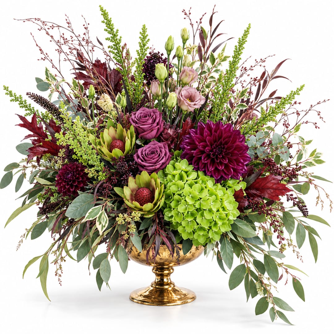 Mixed floral arrangement in a gold pedestal vase with purple and green blooms