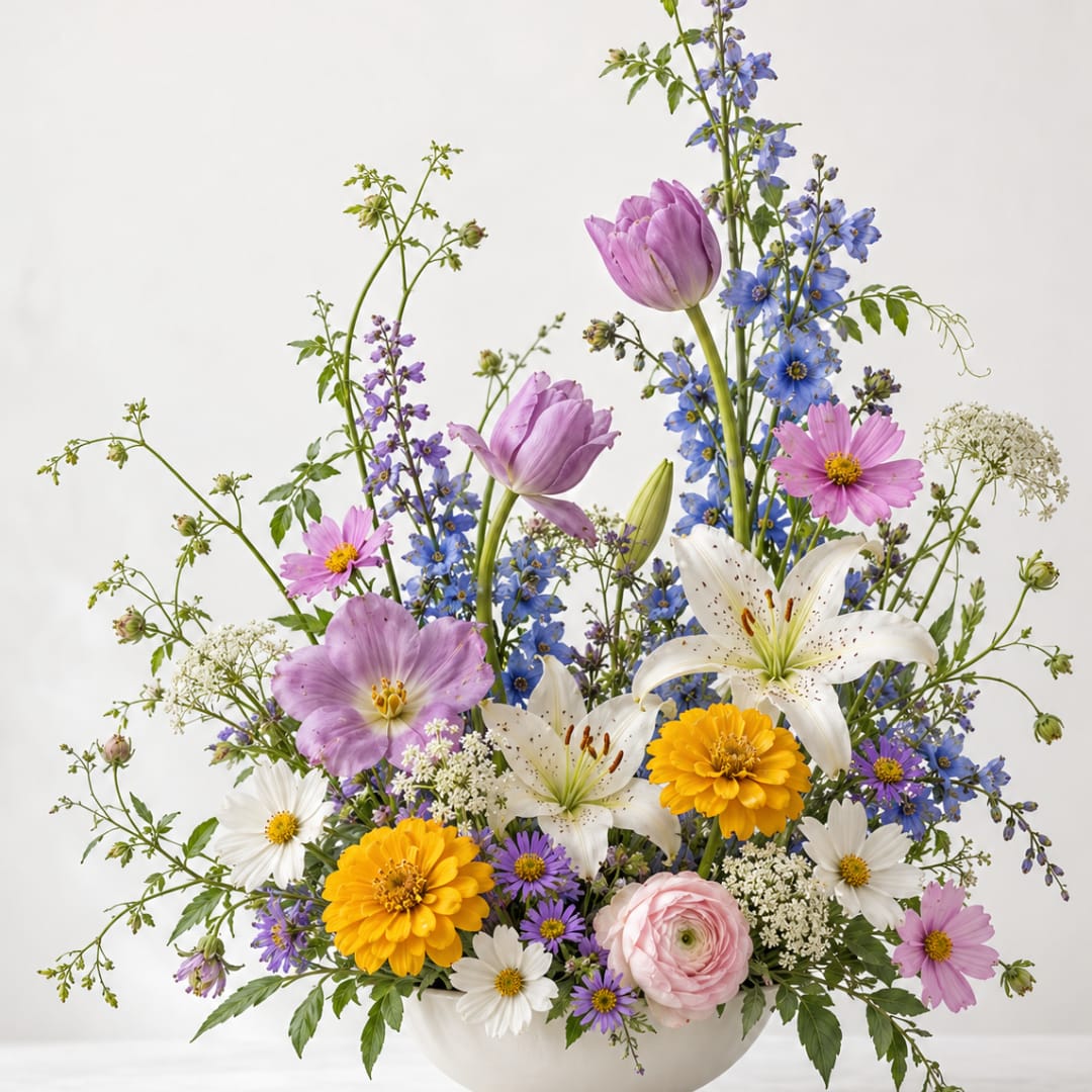 Mixed bouquet with lilies, tulips, daisies, and ranunculus in a white bowl vase