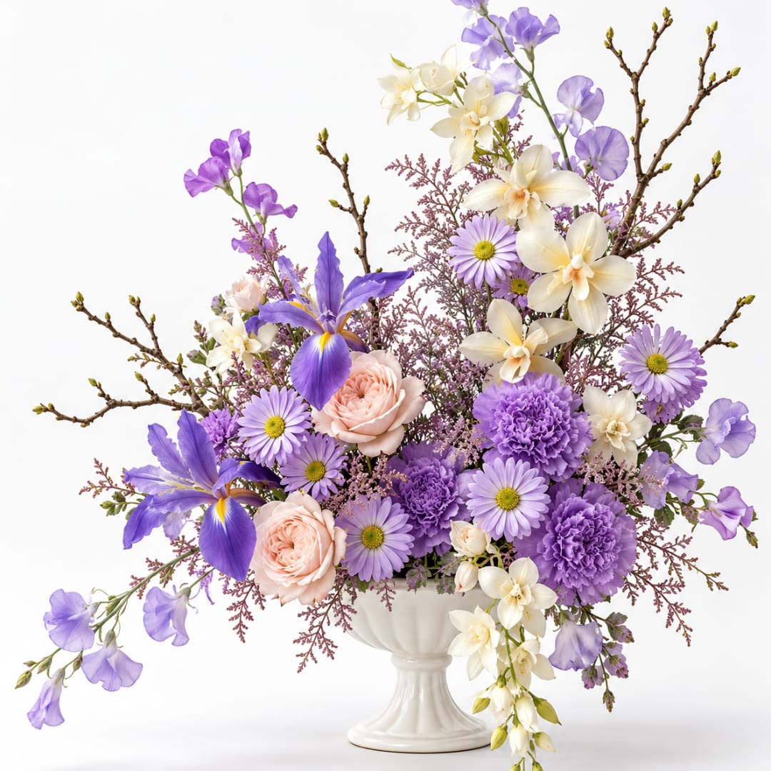 Lavender and cream floral arrangement in a white pedestal vase