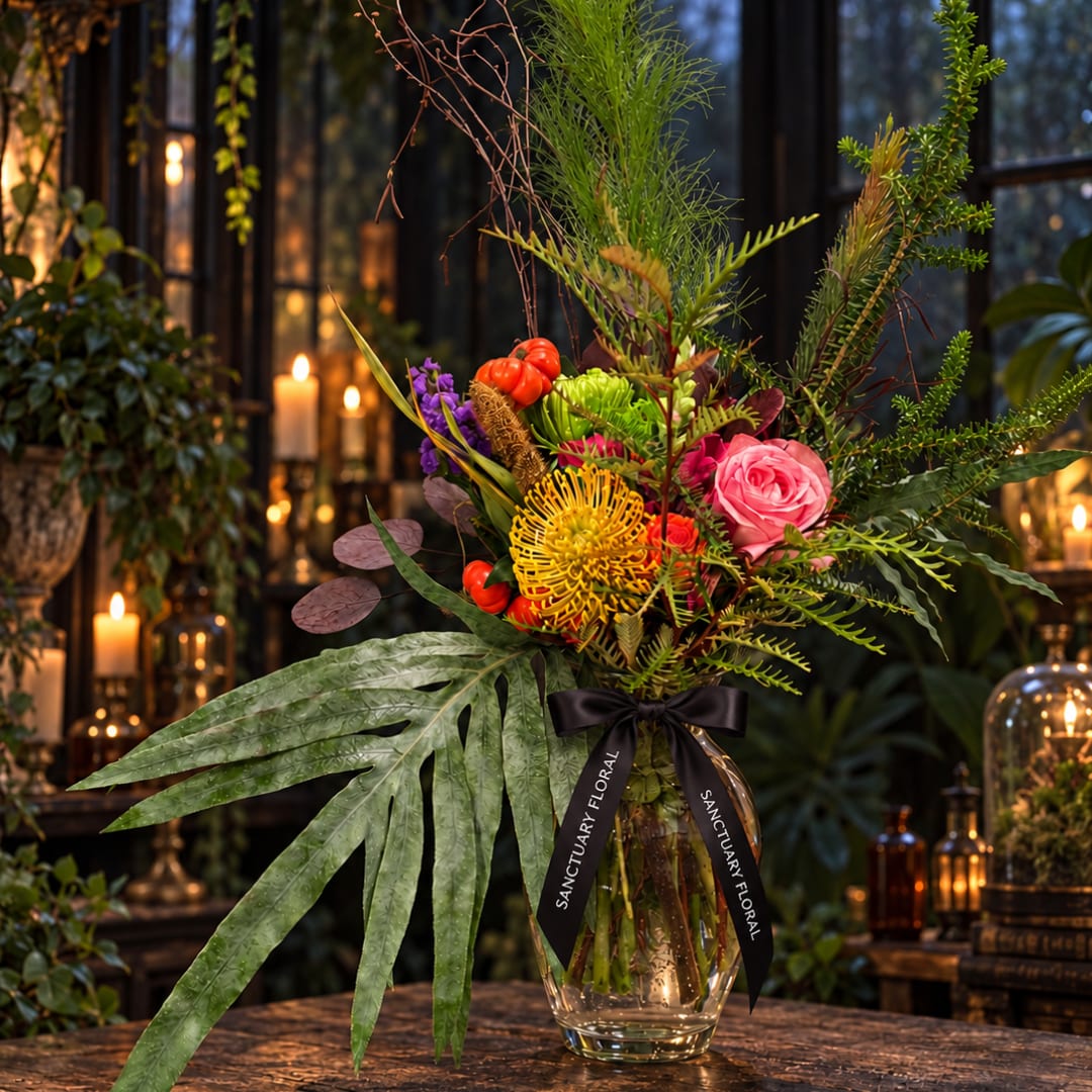 Tropical bouquet in a glass vase with pink and yellow blooms