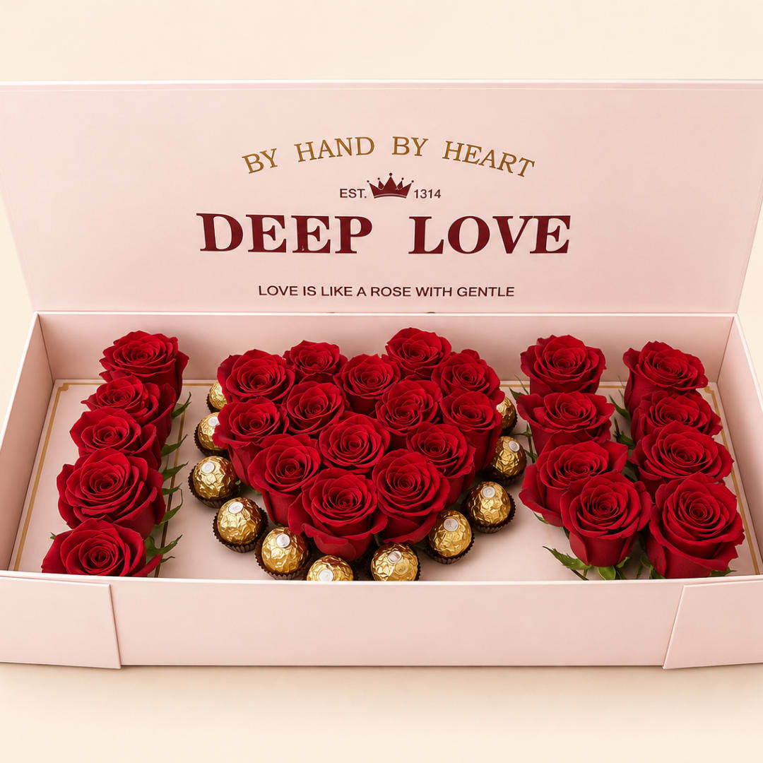 Heart-shaped red rose box with chocolates in a pink gift box