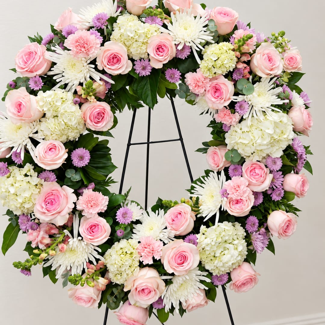 Heart-shaped floral wreath with pink roses, white mums, and hydrangeas on a stand