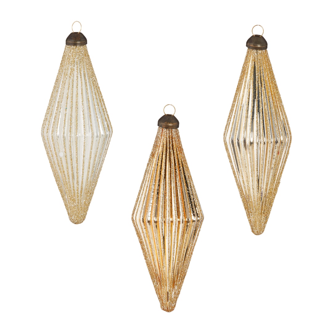 Three gold and white striped glass ornaments with hanging loops