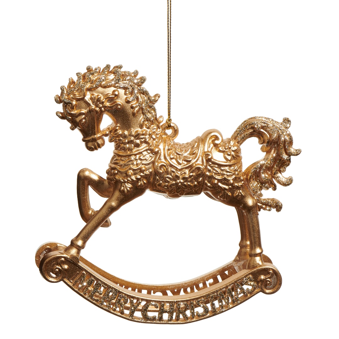 Gold rocking horse Christmas ornament with glitter accents