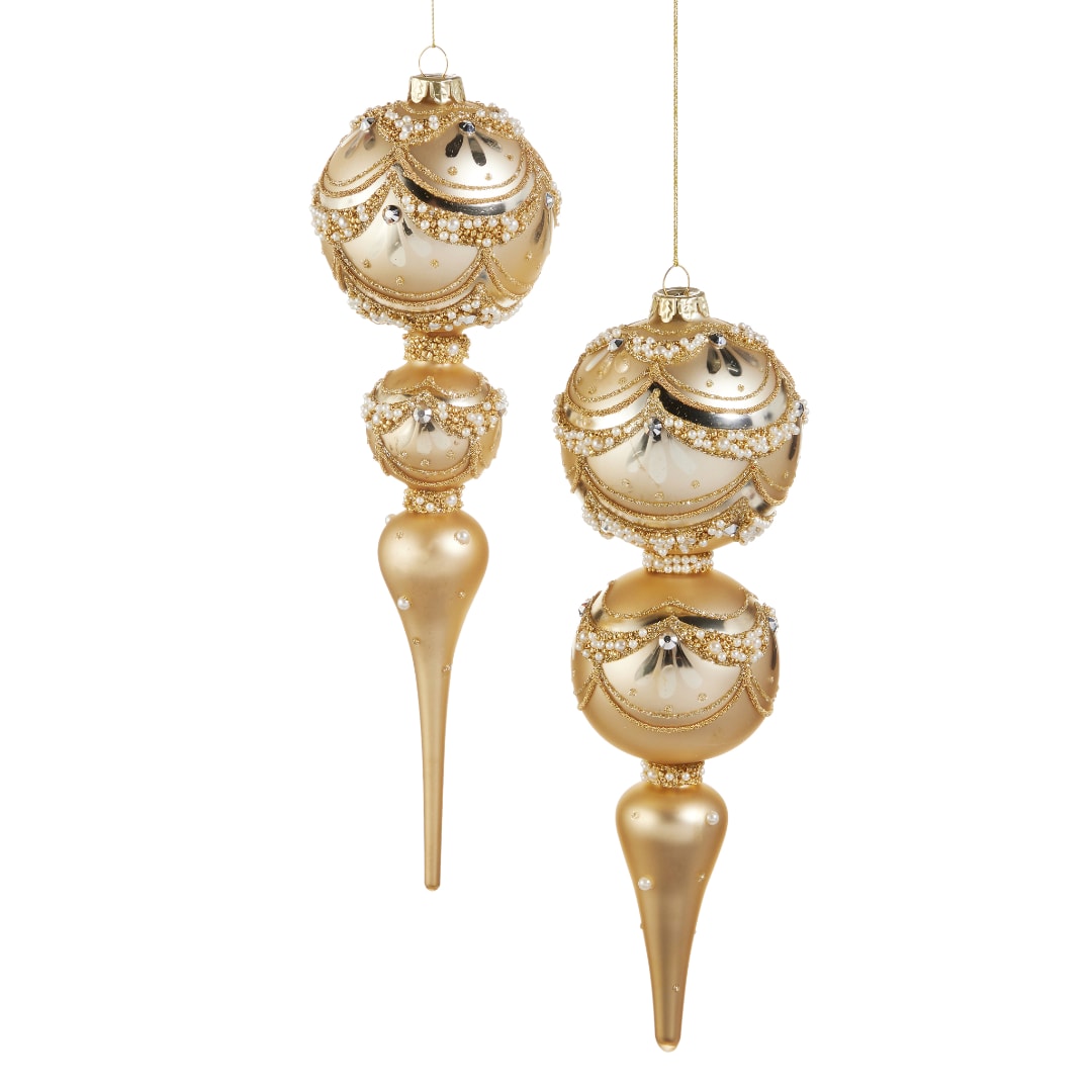 Two gold beaded Christmas ornaments with long teardrop drops