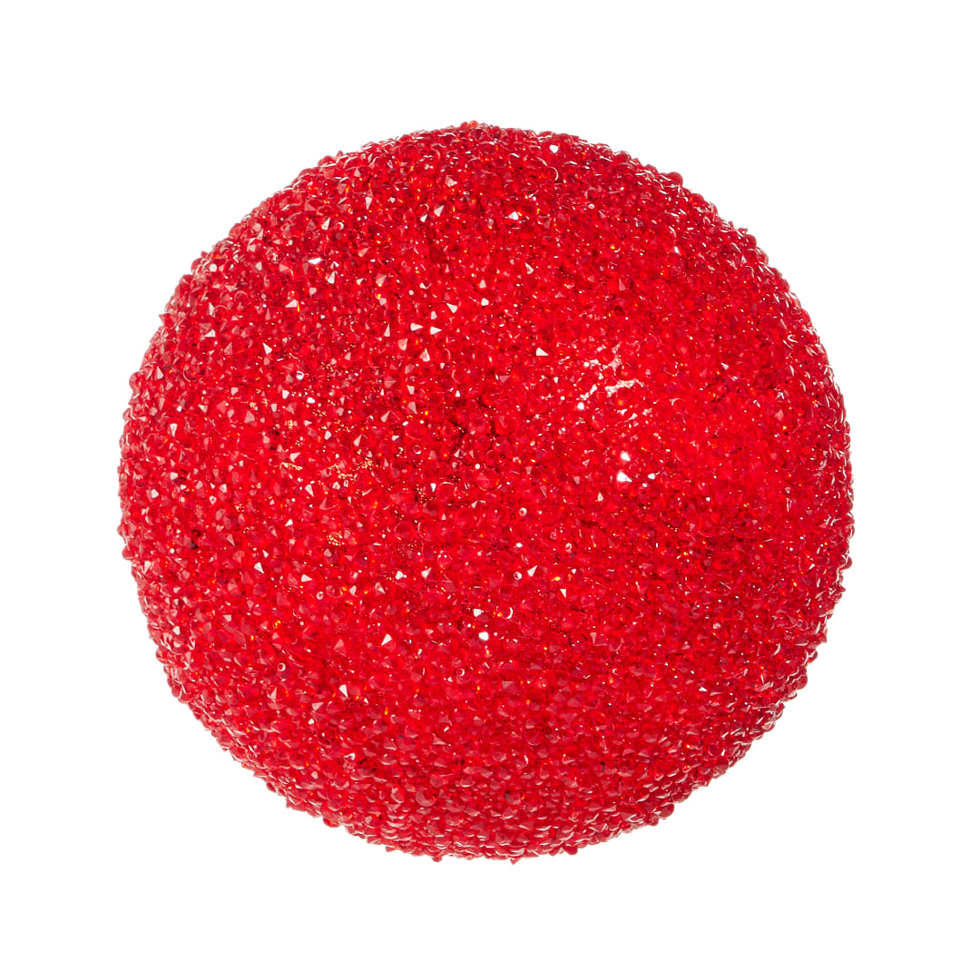 Red glittery spherical decorative object on a white background