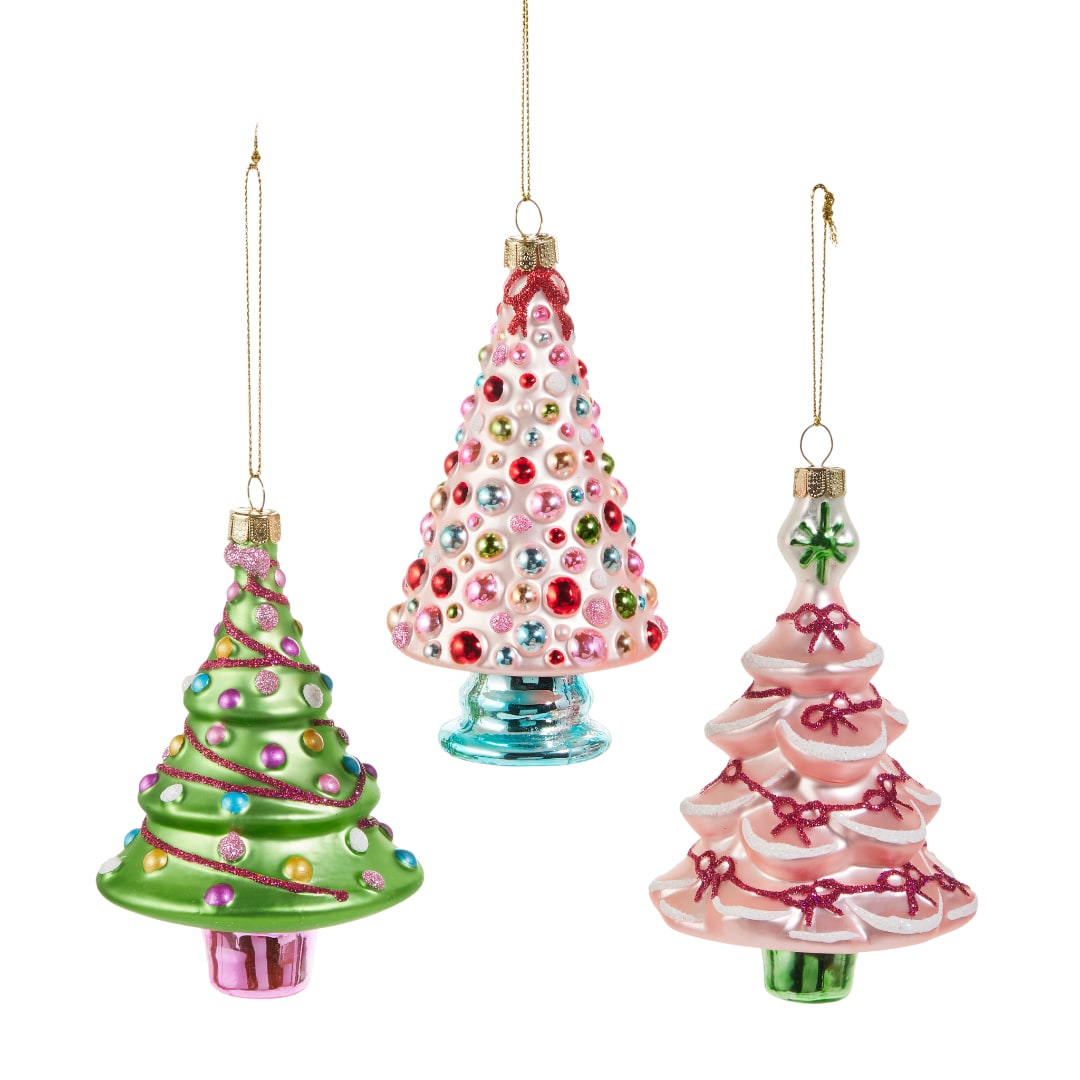 Three decorative Christmas tree ornaments in pink, green, and white