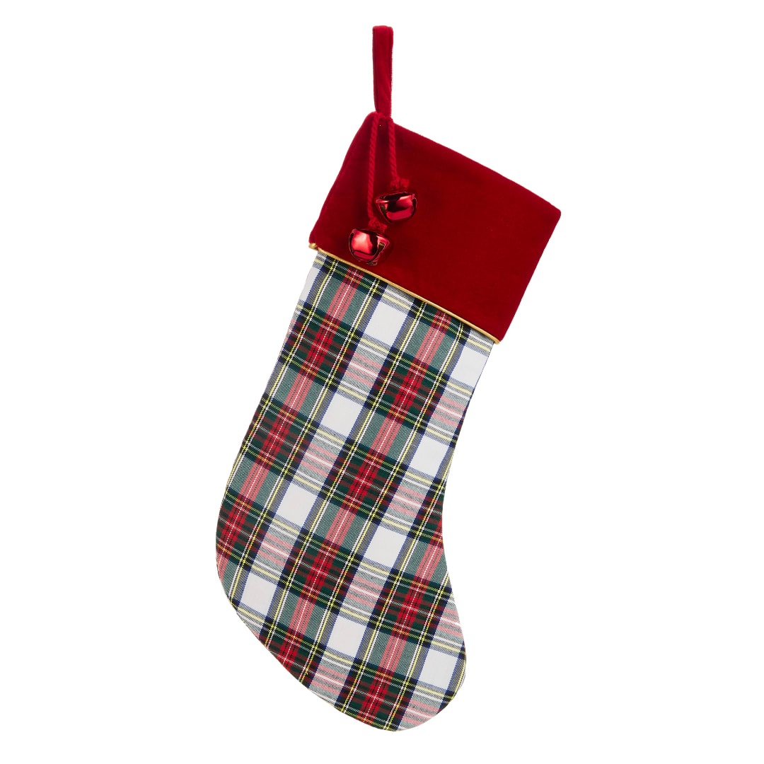 Plaid Christmas stocking with a red cuff and hanging loop