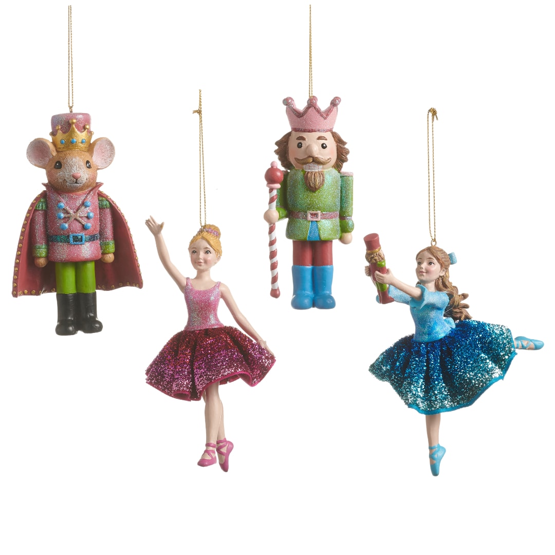 Four glittery nutcracker and ballerina ornaments on hanging cords