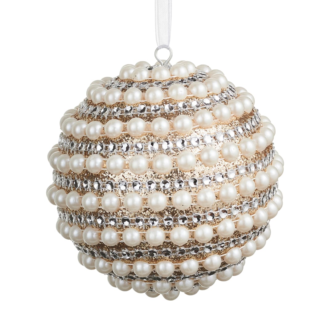 Pearl and rhinestone ornament ball with a hanging ribbon